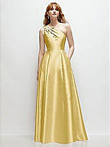 Front View Thumbnail - Maize One-Shoulder Full A-Line Satin Gown with Handworked Floral Appliqué