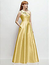 Side View Thumbnail - Maize One-Shoulder Full A-Line Satin Gown with Handworked Floral Appliqué