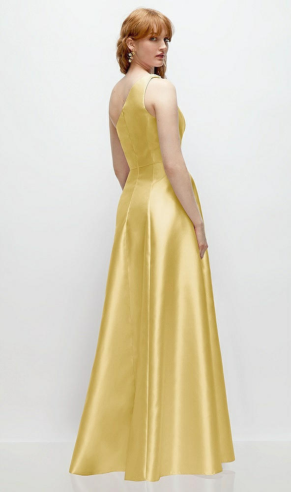 Back View - Maize One-Shoulder Full A-Line Satin Gown with Handworked Floral Appliqué