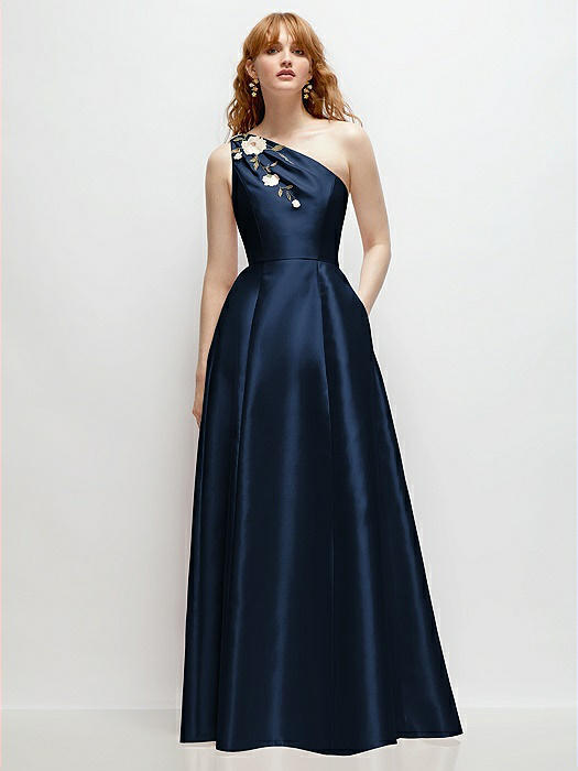 One-Shoulder Full A-Line Satin Gown with Handworked Floral Appliqué