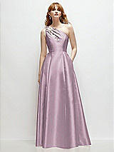 Front View Thumbnail - Suede Rose One-Shoulder Full A-Line Satin Gown with Handworked Floral Appliqué