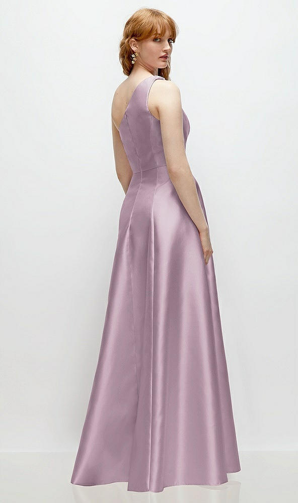 Back View - Suede Rose One-Shoulder Full A-Line Satin Gown with Handworked Floral Appliqué