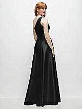 Rear View Thumbnail - Black One-Shoulder Full A-Line Satin Gown with Handworked Floral Appliqué