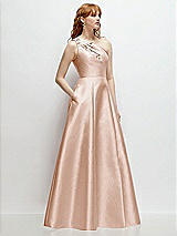 Side View Thumbnail - Cameo One-Shoulder Full A-Line Satin Gown with Handworked Floral Appliqué