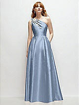 Front View Thumbnail - Cloudy One-Shoulder Full A-Line Satin Gown with Handworked Floral Appliqué