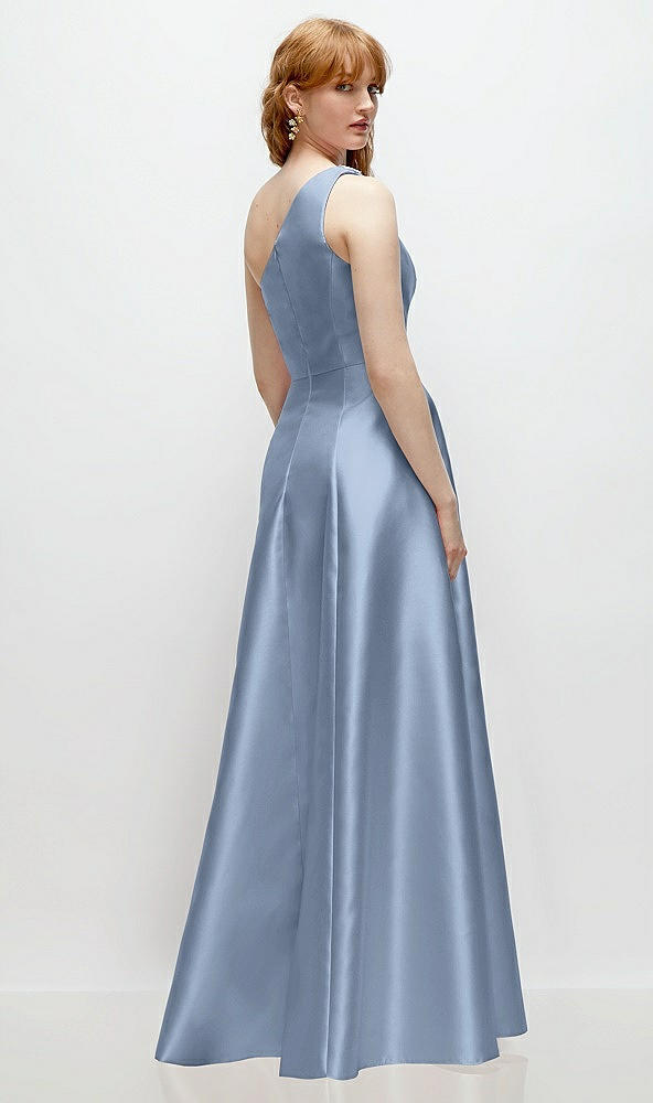 Back View - Cloudy One-Shoulder Full A-Line Satin Gown with Handworked Floral Appliqué