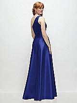 Rear View Thumbnail - Cobalt Blue One-Shoulder Full A-Line Satin Gown with Handworked Floral Appliqué