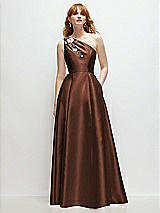 Front View Thumbnail - Cognac One-Shoulder Full A-Line Satin Gown with Handworked Floral Appliqué