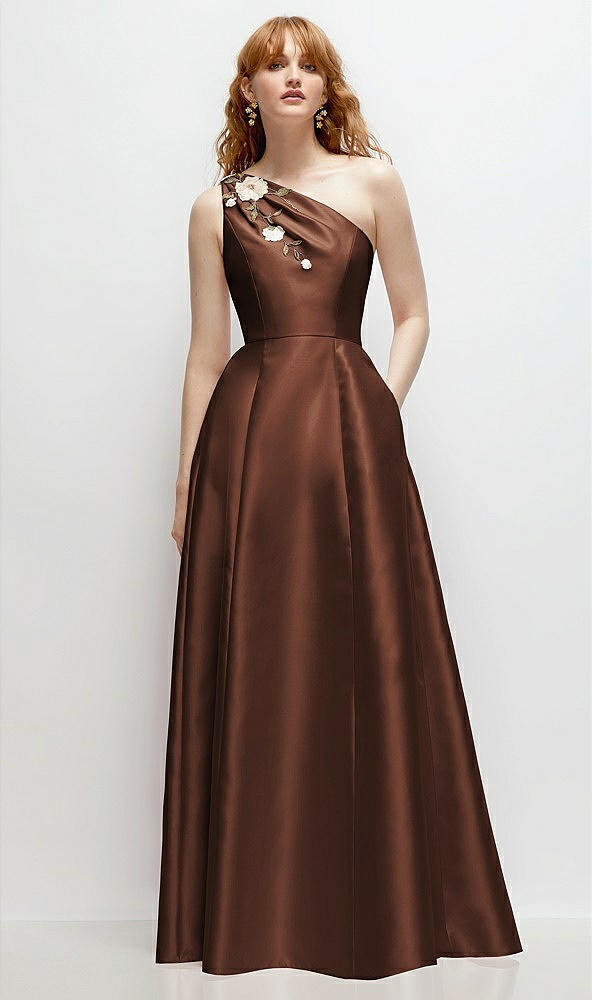 Front View - Cognac One-Shoulder Full A-Line Satin Gown with Handworked Floral Appliqué