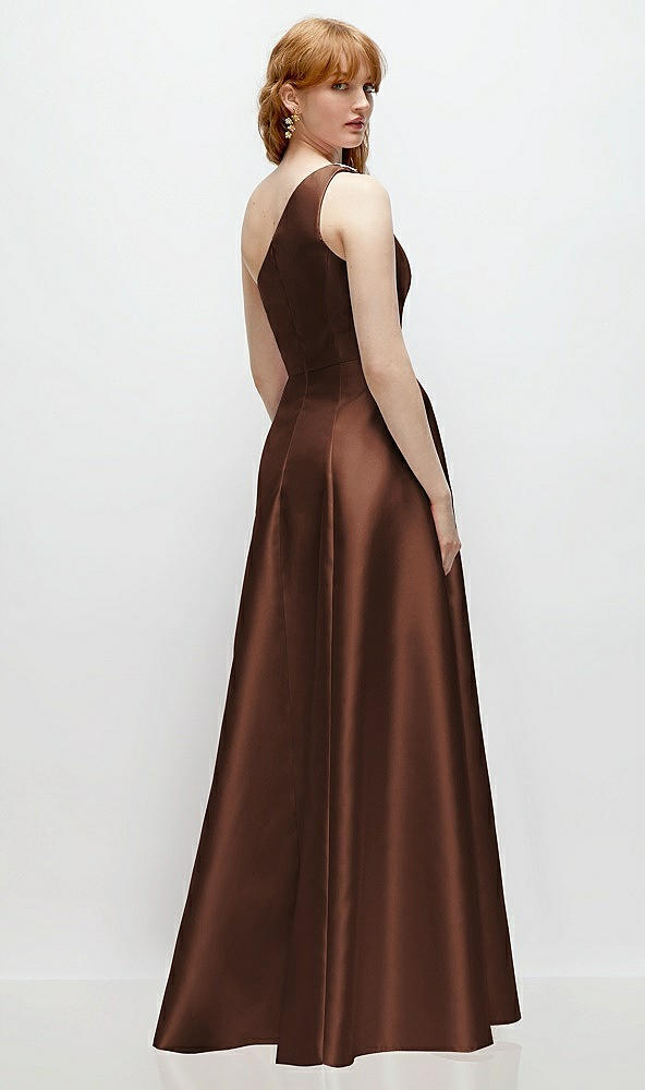 Back View - Cognac One-Shoulder Full A-Line Satin Gown with Handworked Floral Appliqué