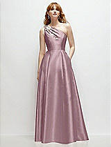 Front View Thumbnail - Dusty Rose One-Shoulder Full A-Line Satin Gown with Handworked Floral Appliqué