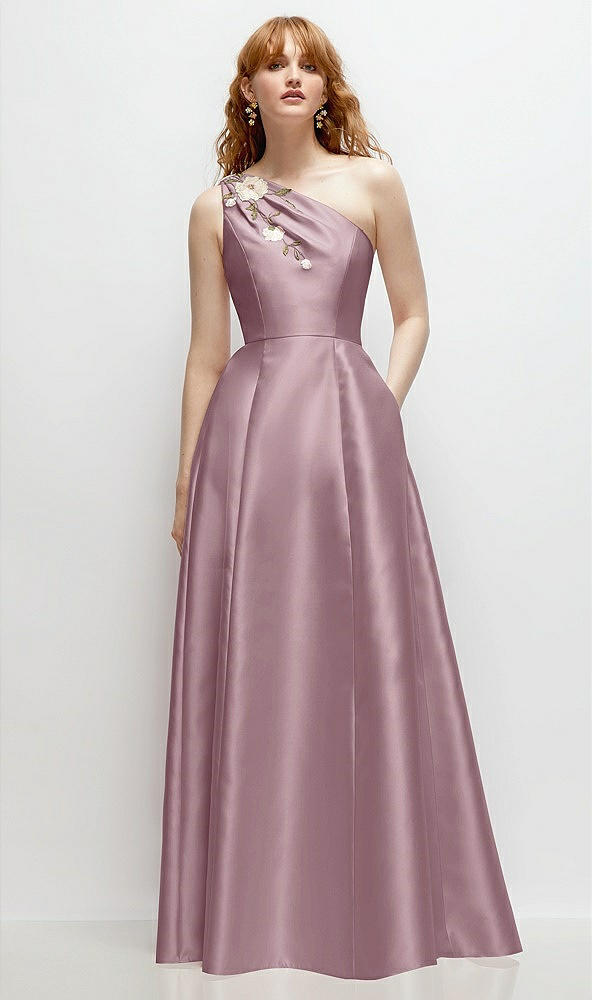 Front View - Dusty Rose One-Shoulder Full A-Line Satin Gown with Handworked Floral Appliqué