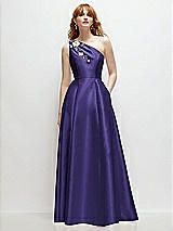 Front View Thumbnail - Grape One-Shoulder Full A-Line Satin Gown with Handworked Floral Appliqué