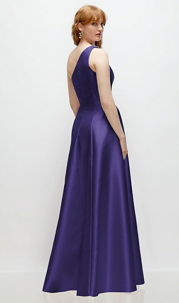 Back View - Grape One-Shoulder Full A-Line Satin Gown with Handworked Floral Appliqué