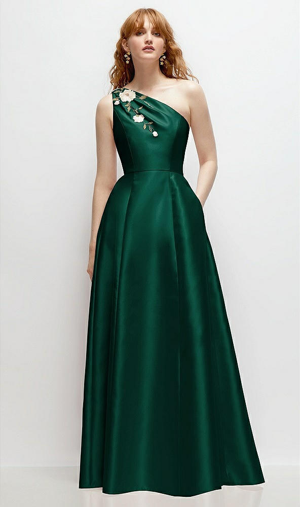 Front View - Hunter Green One-Shoulder Full A-Line Satin Gown with Handworked Floral Appliqué