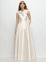 Front View Thumbnail - Ivory One-Shoulder Full A-Line Satin Gown with Handworked Floral Appliqué