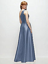 Rear View Thumbnail - Larkspur Blue One-Shoulder Full A-Line Satin Gown with Handworked Floral Appliqué