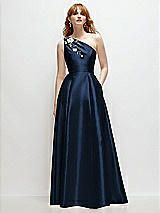 Front View Thumbnail - Midnight Navy One-Shoulder Full A-Line Satin Gown with Handworked Floral Appliqué