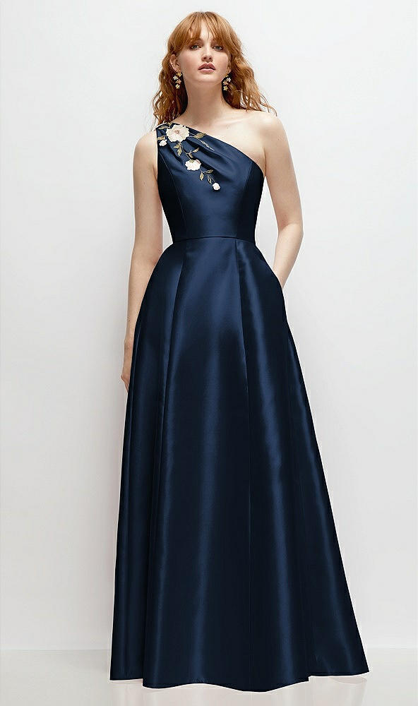 Front View - Midnight Navy One-Shoulder Full A-Line Satin Gown with Handworked Floral Appliqué