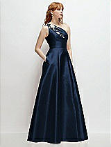 Side View Thumbnail - Midnight Navy One-Shoulder Full A-Line Satin Gown with Handworked Floral Appliqué