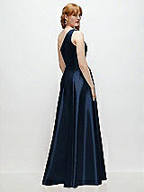 Rear View Thumbnail - Midnight Navy One-Shoulder Full A-Line Satin Gown with Handworked Floral Appliqué