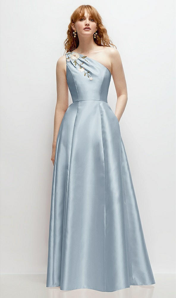 Front View - Mist One-Shoulder Full A-Line Satin Gown with Handworked Floral Appliqué