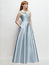 Side View Thumbnail - Mist One-Shoulder Full A-Line Satin Gown with Handworked Floral Appliqué