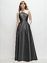 Front View Thumbnail - Pewter One-Shoulder Full A-Line Satin Gown with Handworked Floral Appliqué