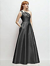 Side View Thumbnail - Pewter One-Shoulder Full A-Line Satin Gown with Handworked Floral Appliqué