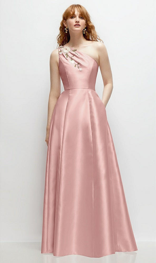 Front View - Rose - PANTONE Rose Quartz One-Shoulder Full A-Line Satin Gown with Handworked Floral Appliqué