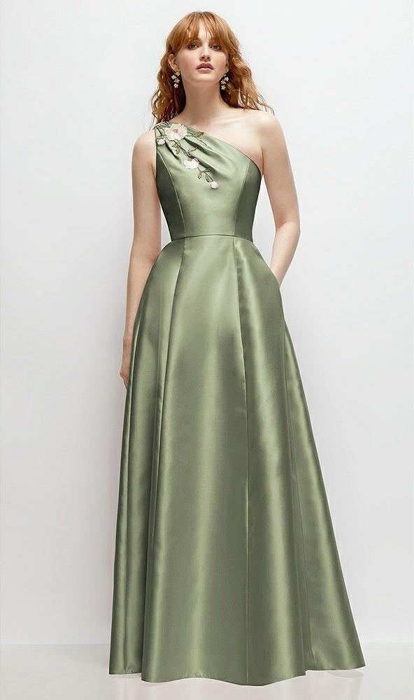 Front View - Sage One-Shoulder Full A-Line Satin Gown with Handworked Floral Appliqué