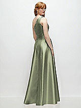 Rear View Thumbnail - Sage One-Shoulder Full A-Line Satin Gown with Handworked Floral Appliqué