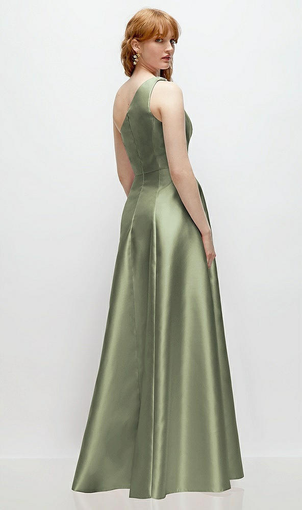 Back View - Sage One-Shoulder Full A-Line Satin Gown with Handworked Floral Appliqué