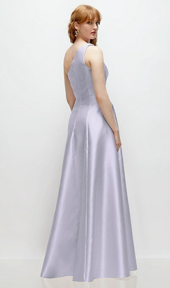 Back View - Silver Dove One-Shoulder Full A-Line Satin Gown with Handworked Floral Appliqué