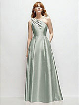 Front View Thumbnail - Willow Green One-Shoulder Full A-Line Satin Gown with Handworked Floral Appliqué