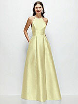 Front View Thumbnail - Butter Yellow Jewel Neck Halter Full A-Line Satin Maxi Dress