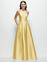 Front View Thumbnail - Maize Jewel Neck Halter Full A-Line Satin Maxi Dress