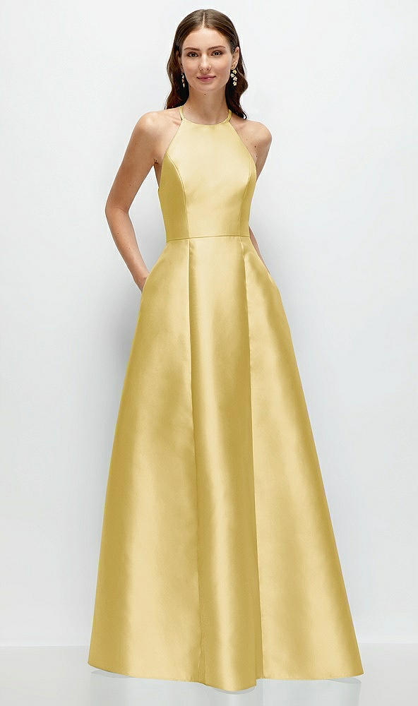 Front View - Maize Jewel Neck Halter Full A-Line Satin Maxi Dress