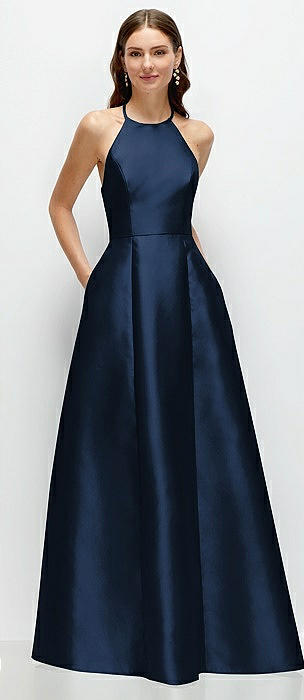 Jewel Neck Halter Full A-Line Satin Maxi Dress