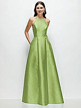 Front View Thumbnail - Mojito Jewel Neck Halter Full A-Line Satin Maxi Dress