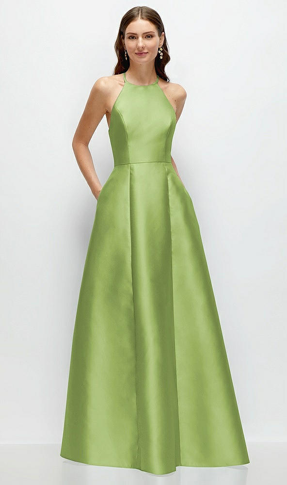 Front View - Mojito Jewel Neck Halter Full A-Line Satin Maxi Dress