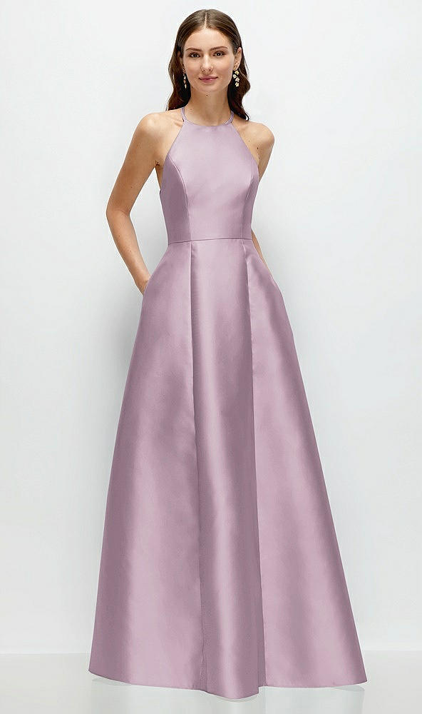 Front View - Suede Rose Jewel Neck Halter Full A-Line Satin Maxi Dress