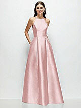 Front View Thumbnail - Ballet Pink Jewel Neck Halter Full A-Line Satin Maxi Dress