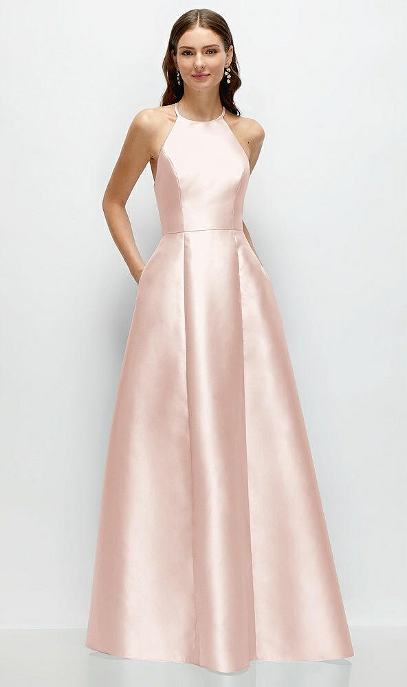 Front View - Blush Jewel Neck Halter Full A-Line Satin Maxi Dress