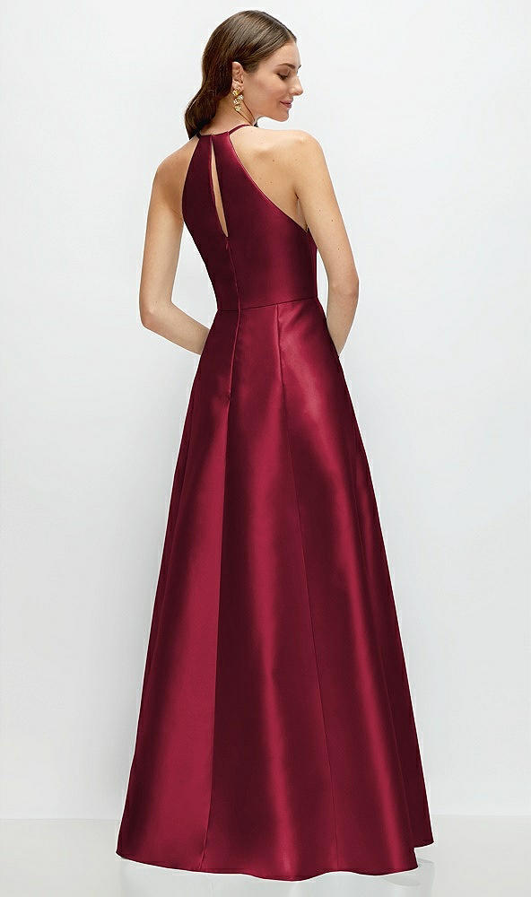 Back View - Burgundy Jewel Neck Halter Full A-Line Satin Maxi Dress