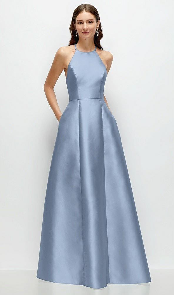 Front View - Cloudy Jewel Neck Halter Full A-Line Satin Maxi Dress