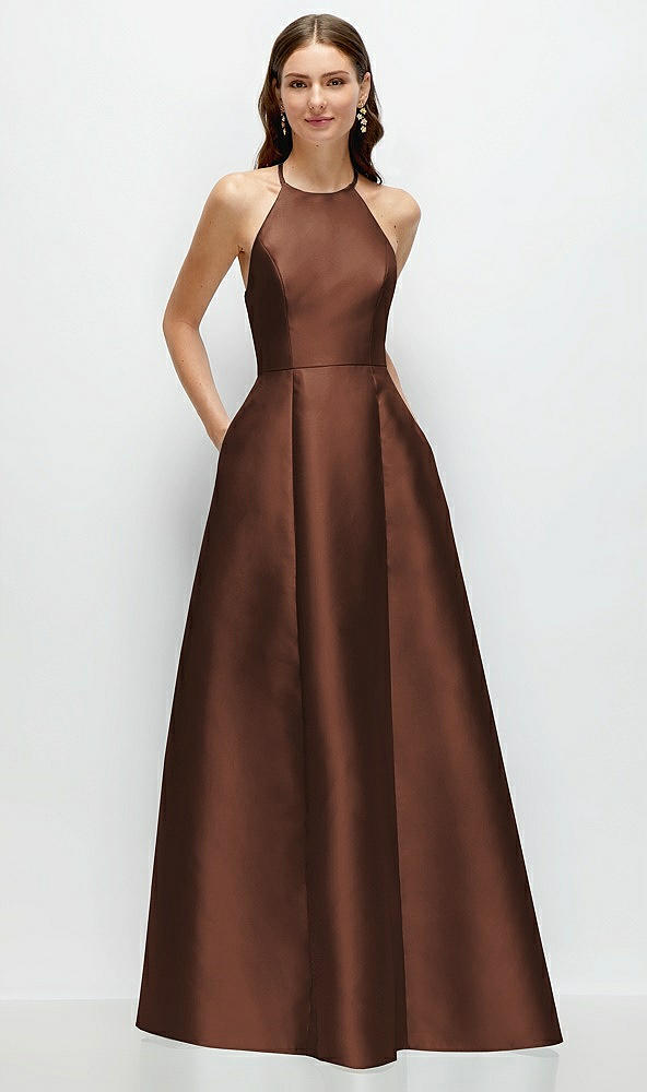 Front View - Cognac Jewel Neck Halter Full A-Line Satin Maxi Dress