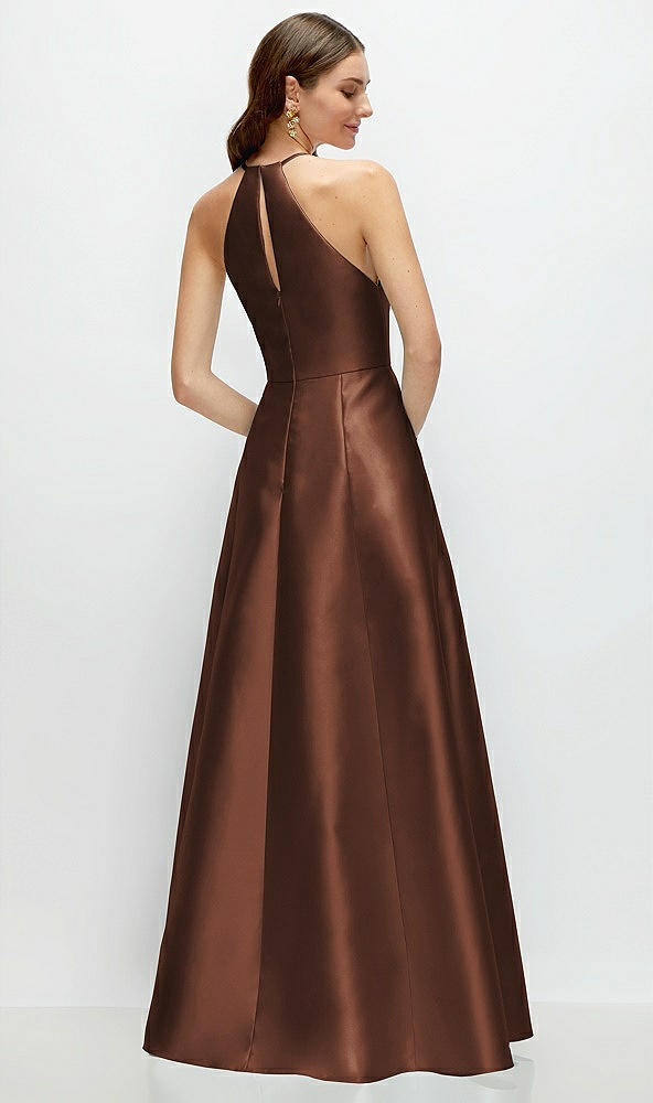 Back View - Cognac Jewel Neck Halter Full A-Line Satin Maxi Dress