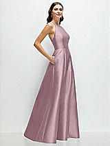 Side View Thumbnail - Dusty Rose Jewel Neck Halter Full A-Line Satin Maxi Dress