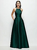 Front View Thumbnail - Evergreen Jewel Neck Halter Full A-Line Satin Maxi Dress